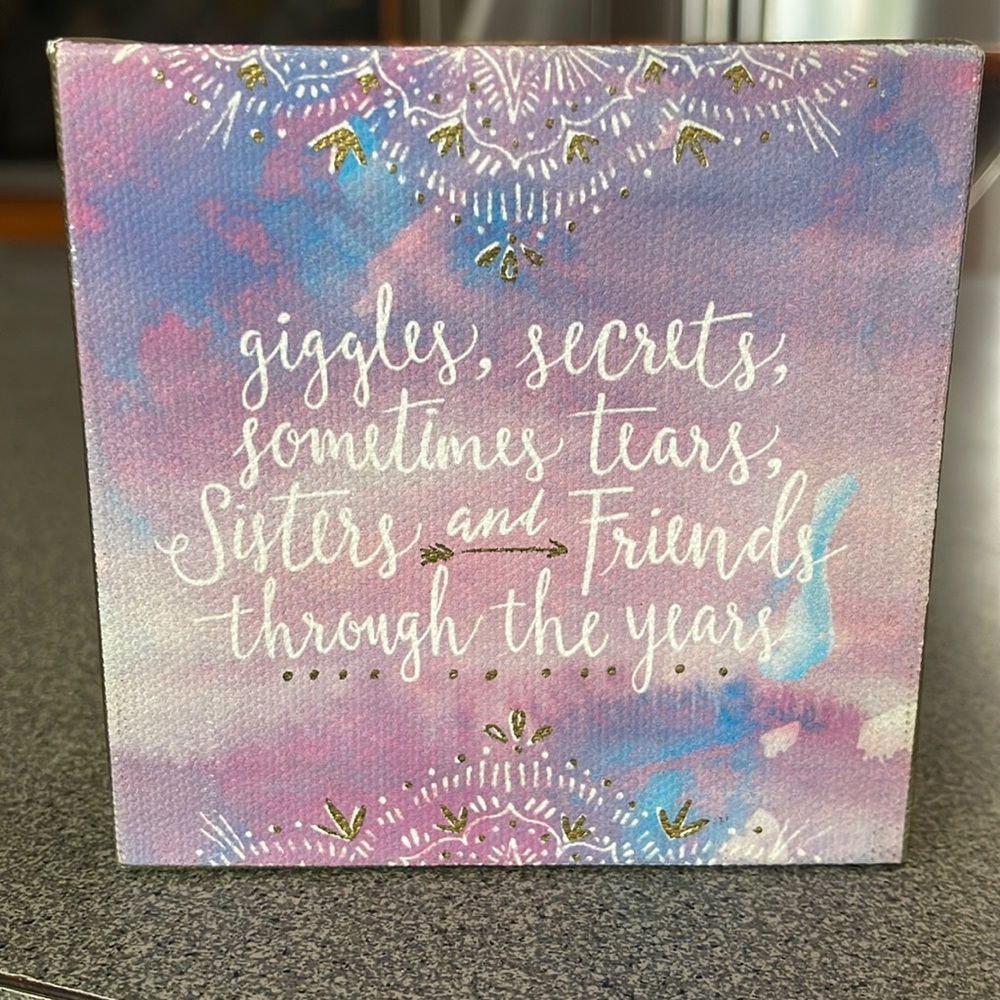 Francesca’s 4 x 4 Wood Canvas Table Block Decor Sign Purple Blue with Gold Edge